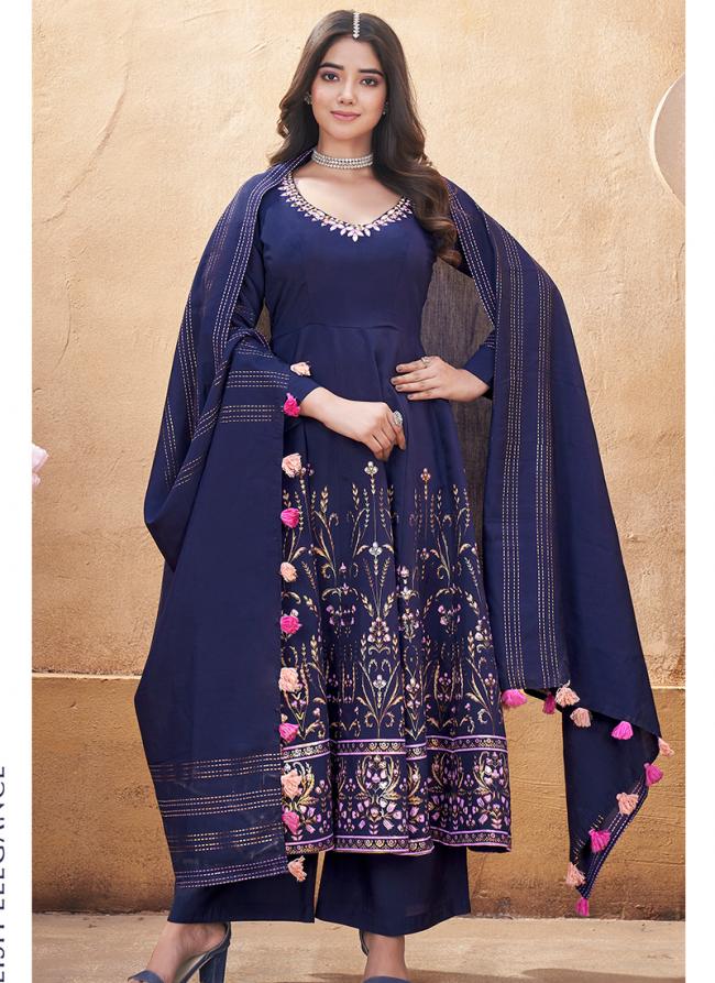 Roman Silk Navy Blue Ceremonial Wear Foil Print Readymade Anarkali Suit